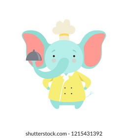 Cute elephant in chef uniform holding silver platter, cartoon animal character cooking vector Illustration on a white background