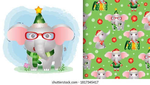 a cute elephant christmas characters with santa hat and scarf. seamless pattern and illustration designs