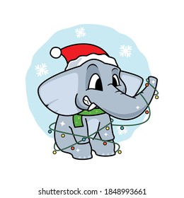 Cute Elephant christmas with garland light hand drawn vector cartoon illustration