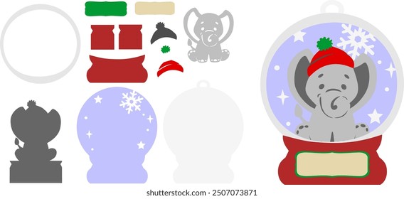 Cute elephant in a Christmas hat. a three-dimensional postcard template, DAY. vector Layout, for paper cutting