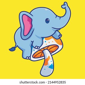 cute elephant climb the giant mushroom colorful. isolated cartoon animal illustration. Flat Style Sticker Icon Design Premium Logo vector. Mascot Character