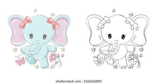 Cute Elephant Clipart for Coloring Page and Illustration. Happy Clip Art Elephant. Vector Illustration of an Animal for Stickers, Prints for Clothes, Baby Shower, Coloring Pages. svg