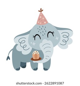 Cute elephant clipart, isolated Birthday character. Jungle, safari, tropical animal hand drawn vector illustration in flat style for greeting card, invitation, education, prints