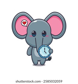 Cute elephant with clock cartoon vector illustration. vector cartoon illustration suitable for poster, brochure, web, mascot, sticker, logo and icon.