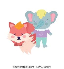 Cute elephant with clothes and sleeping fox . Cartoon vector illustration for baby shower.