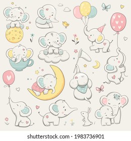 Cute elephant collection. Perfect for baby shower greeting card, stickers, invitation, t-shirt print, fashion design, kids wear. Cartoon hand drawn style, vector illustration.