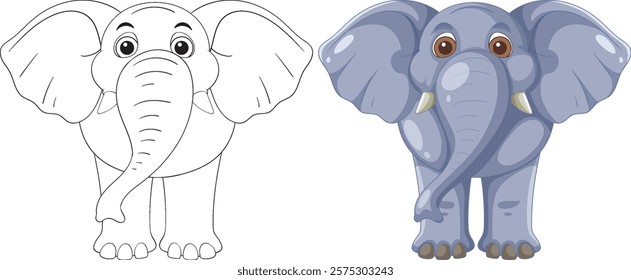 Cute elephant in color and outline versions