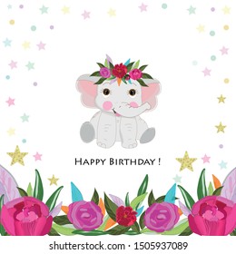 Cute elephant with colorful roses. Birthday party card. Baby shower greeting card