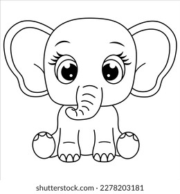Cute Elephant Coloring Page. Cartoon Baby Elephant Illustration For Children. Safari Animal Coloring Book. Black And White Line Art. Outline Page Activity For Kids