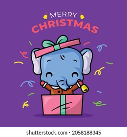 A CUTE ELEPHANT IS COMING OUT FROM THE PRESENT BOX AND GREETING MERRY CHRISTMAS.