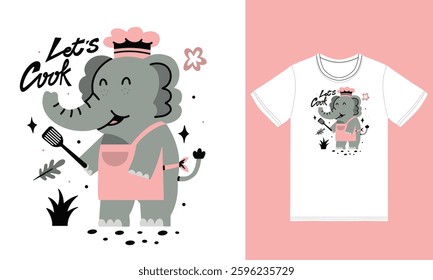 Cute elephant cooking illustration with tshirt design vector the Concept of Isolated Technology. Flat Cartoon Style Suitable for Landing Web Pages,T shirt, Flyers, Stickers
