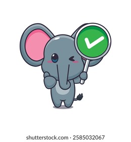 Cute elephant with correct sign cartoon vector illustration. vector cartoon illustration suitable for poster, brochure, web, mascot, sticker, logo and icon.