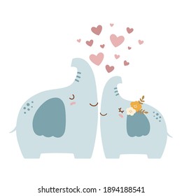 Cute elephant couple in love. Cartoon elephants vector illustration.