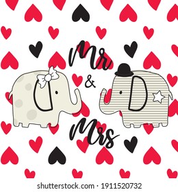 Cute elephant couple and Mr and Mrs text on red hearts background. Love card. Valentines day.