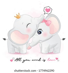 Cute elephant couple with watercolor illustration