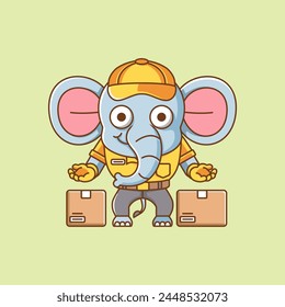 Cute elephant courier package delivery animal chibi character mascot icon flat line art style illustration concept set