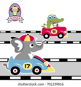 Cute elephant with crocodile in racing car, vector cartoon illustration