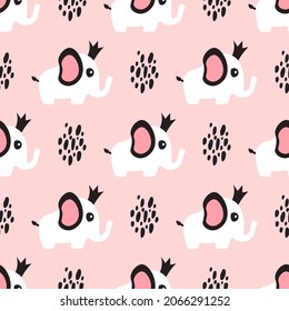 Un elefante lindo en una corona de fondo rosado. patrón impecable con elefantes dibujados a mano al estilo escandinavo. Ilustración vectorial para diseño de bebés y niños, impresión de camisetas, decoración infantil, afiche