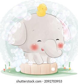 Cute elephant cub bathes in the bath