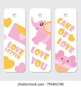 Cute elephant, cupcake, and letter vector cartoon illustration for Valentine gift tags design, postcard and sticker set
