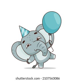 Cute elephant dancing and holding a blue balloon in his hand. Standing on one leg. Vector illustration for designs, prints and patterns.