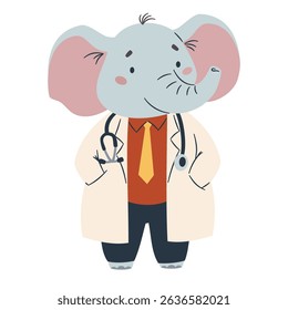 Cute elephant in doctor's suit on white background. Flat vector illustration in simple children's style 