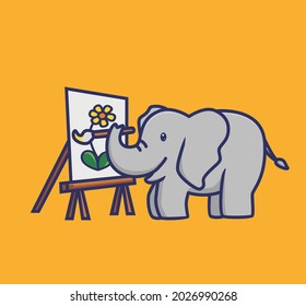 cute elephant drawing a flower on tourism. animal flat cartoon style illustration icon premium vector logo mascot suitable for web design banner character