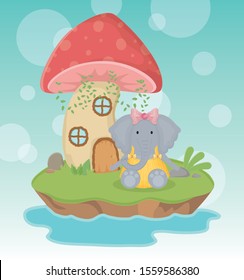 cute elephant with dress and mushroom house fantasy fairy tale vector illustration