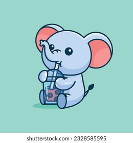 Cute elephant drink boba milk tea simple cartoon vector icon illustration animal drink