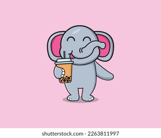 Cute elephant drink boba Vector Design