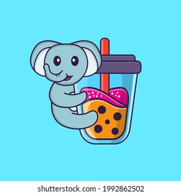 Cute elephant Drinking Boba milk tea. Animal cartoon concept isolated. Can used for t-shirt, greeting card, invitation card or mascot.
