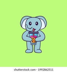 Cute elephant Drinking Boba milk tea. Animal cartoon concept isolated. Can used for t-shirt, greeting card, invitation card or mascot.