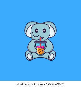 Cute elephant Drinking Boba milk tea. Animal cartoon concept isolated. Can used for t-shirt, greeting card, invitation card or mascot.