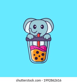 Cute elephant Drinking Boba milk tea. Animal cartoon concept isolated. Can used for t-shirt, greeting card, invitation card or mascot.