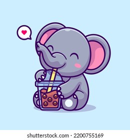 Ilustración del icono del vector de té de leche de Boba que bebe elefante lindo. Vector Premium Aislado Con El Concepto De Icono De Bebida Animal. Estilo de dibujo plano