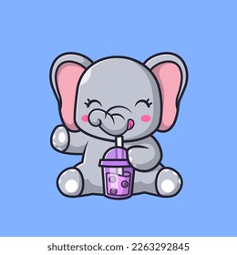 Cute Elephant Drinking Boba Milk Tea Cartoon Vector Icon Illustration. Animal Drink Icon Concept Isolated Premium Vector. Flat Cartoon Style