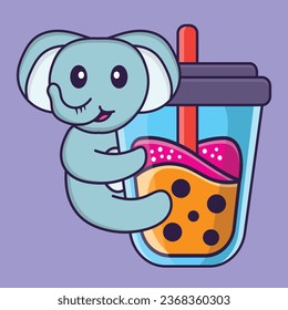 Cute elephant Drinking Boba milk tea. Animal cartoon concept isolated. Can used for t-shirt_ greeting card_ invitation card or mascot.