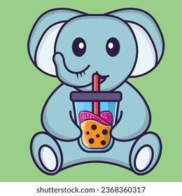 Cute elephant Drinking Boba milk tea. Animal cartoon concept isolated. Can used for t-shirt_ greeting card_ invitation card or mascot.