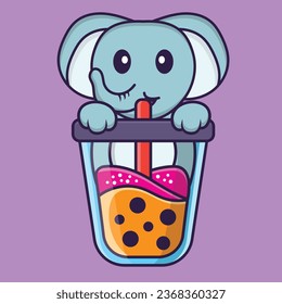 Cute elephant Drinking Boba milk tea. Animal cartoon concept isolated. Can used for t-shirt_ greeting card_ invitation card or mascot.