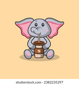 Cute elephant drinking coffee cartoon vector flat illustration concept isolated