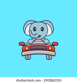 Cute elephant is driving. Animal cartoon concept isolated. Can used for t-shirt, greeting card, invitation card or mascot.