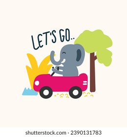 elefante lindo conduciendo un coche, ilustración a mano para tela, textil e impresión
