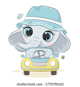 Un elefante lindo conduciendo el auto. Ilustración vectorial para ducha de bebé, tarjeta de saludo, invitación a fiesta, ropa de moda estampada de camisetas.
