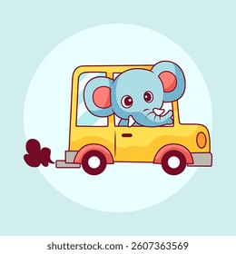 Cute elephant driving a car vector illustration. Animal character for kids t-shirt, sticker, drawing, coloring book page