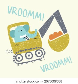 cute elephant driving an excavator vector illustration