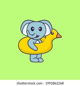 Cute elephant With Duck buoy. Animal cartoon concept isolated. Can used for t-shirt, greeting card, invitation card or mascot.