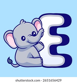 Elefante Bonito No Alfabeto E Ilustração De Ícone De Vetor De Desenho Animado. Animal Education Icon Concept Isolado Premium Vetor. Estilo de Desenho Animado Plano