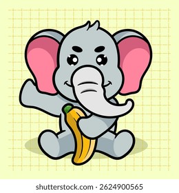 Ilustração de Desenho Animado de Banana de Comer Elefante Bonito. Animal Nature Icon Concept Isolated Flat Cartoon Style para colorir páginas ou educar crianças