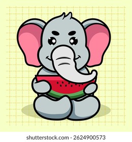 Elefante bonito comer melancia ilustração de desenhos animados. Animal Nature Icon Concept Isolated Flat Cartoon Style para colorir páginas ou educar crianças