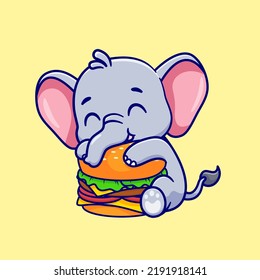 Cute Elephant Eating Burger Cartoon Vector Icon Illustration. Animal Food Icon Concept Isolated Premium Vector. Flat Cartoon Style